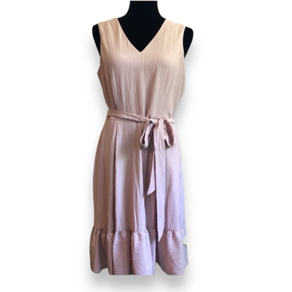 Calvin Klein Dress Womens 8 Blush Pink Gauze Seersucker Ruffle Hem Pockets